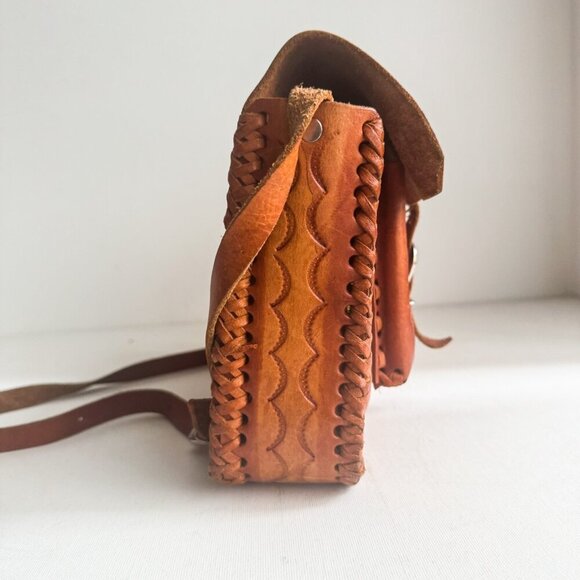 Vintage Hand tooled Brown Whipstitch Detail Square Shoulder Bag - Picture 4 of 5